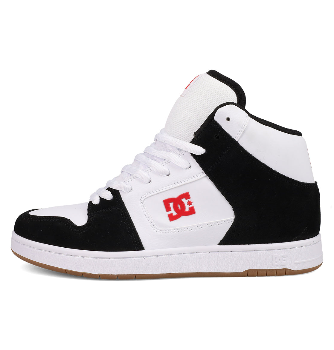 The Men's Manteca 4 Hi Shoes by DC Shoes feature a black and white high-top design with white laces, a red DC logo on the side, and a white sole with brown tread—combining vintage style with modern skate shoe appeal.
