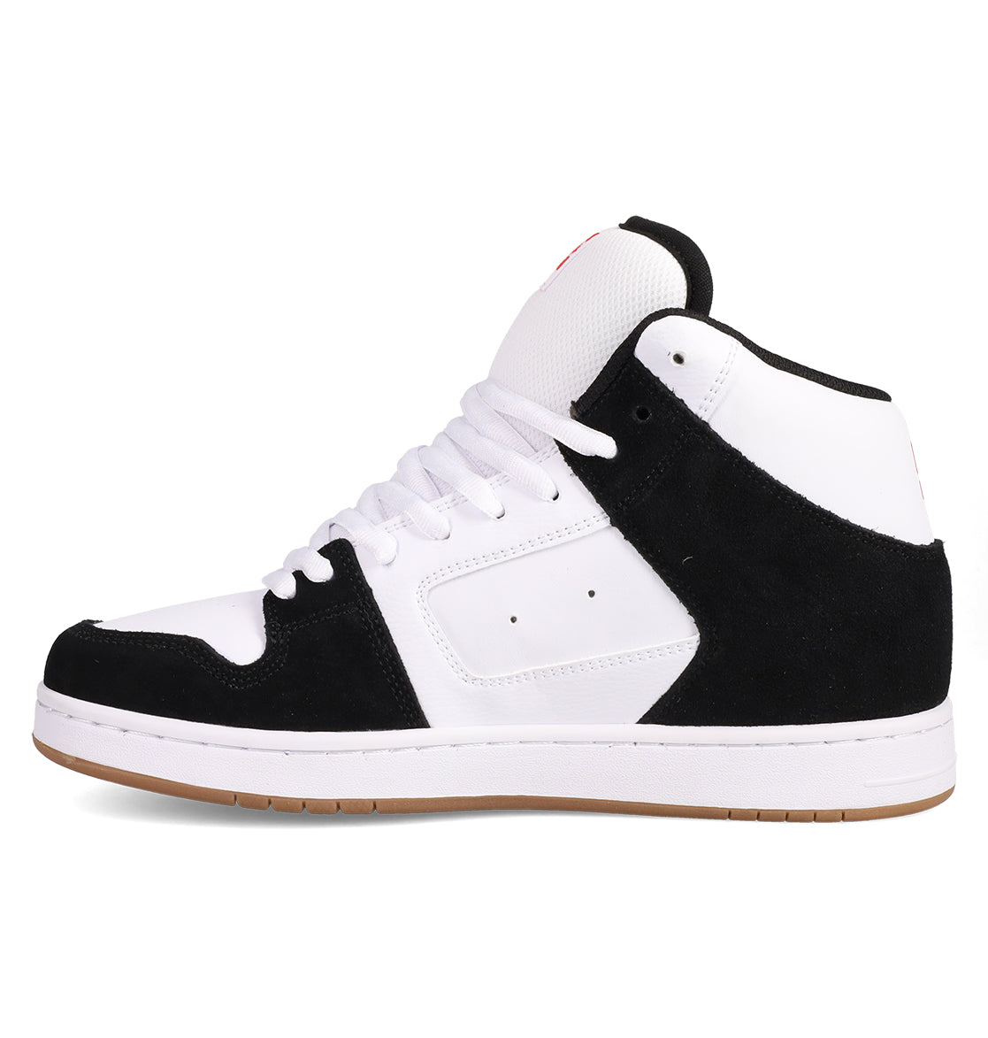 The DC Shoes Men's Manteca 4 Hi features a vintage high-top design with a white upper, black suede overlays, white laces and midsole, plus a light brown rubber outsole, shown in side profile.