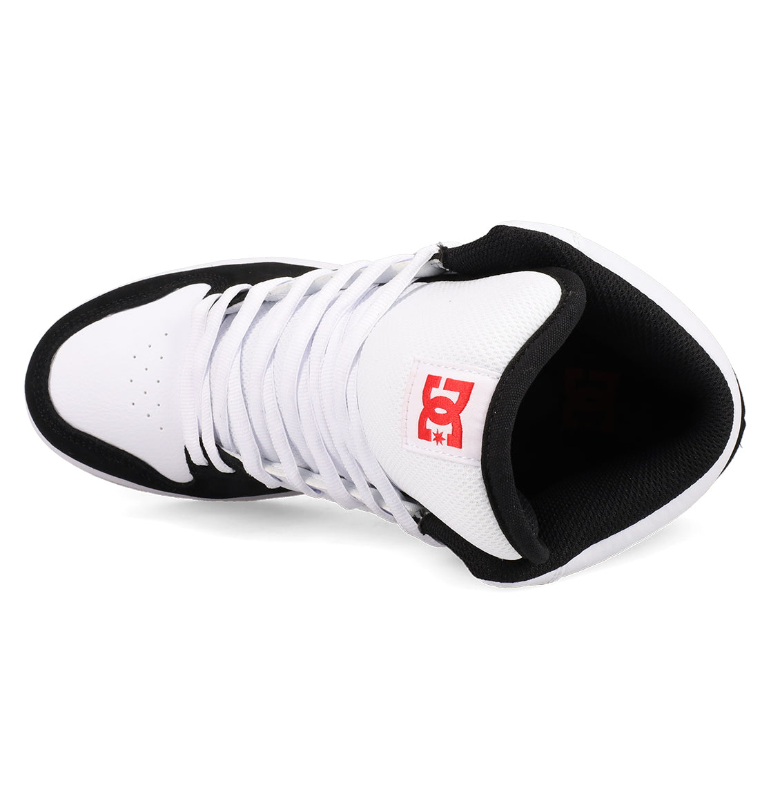 The Men's Manteca 4 Hi Shoes by DC Shoes are high-top basketball sneakers in black and white, shown from above, with vintage style, white laces, a padded black collar, and a red DC logo on the tongue.