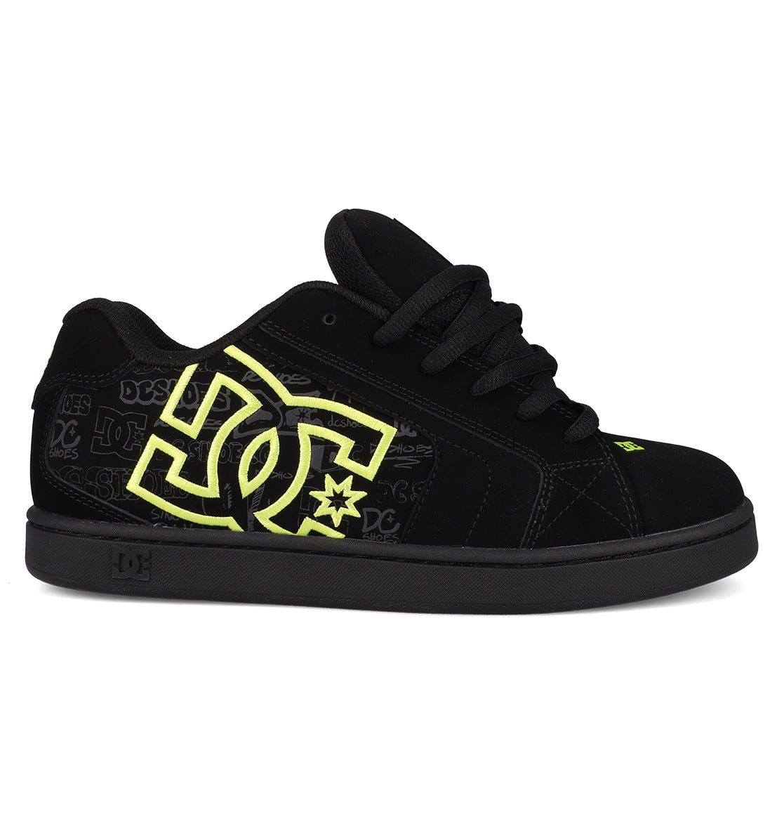 The DC Shoes Men's Net Shoes feature a black puffy design with neon yellow DC branding on the side, subtle logo patterns on the panel, black laces, durable fabric construction, plus a black sole and matching stitching.