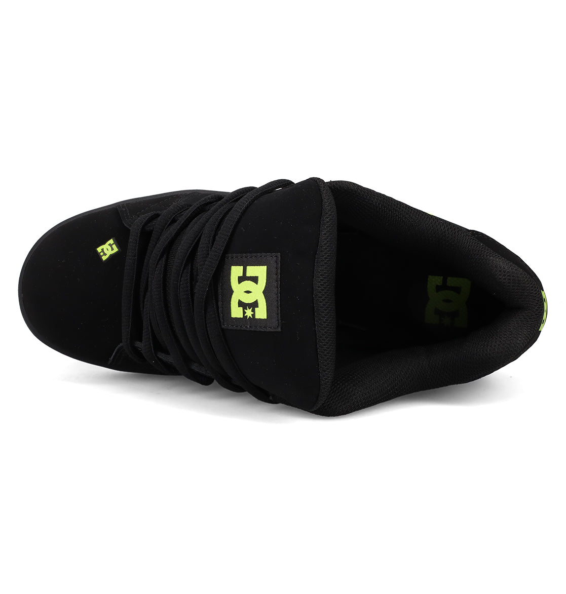 Top view of DC Shoes Men's Net Shoes, a puffy skate sneaker featuring black laces, durable fabric, and yellow-green DC branding on the tongue and inner heel.