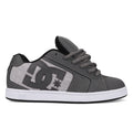 Men’s Net Shoes by DC Shoes shown in a side profile against a white background, featuring a large DC logo on the side, crafted from durable fabrics in gray and white with gray laces, a white sole, and black inner lining.