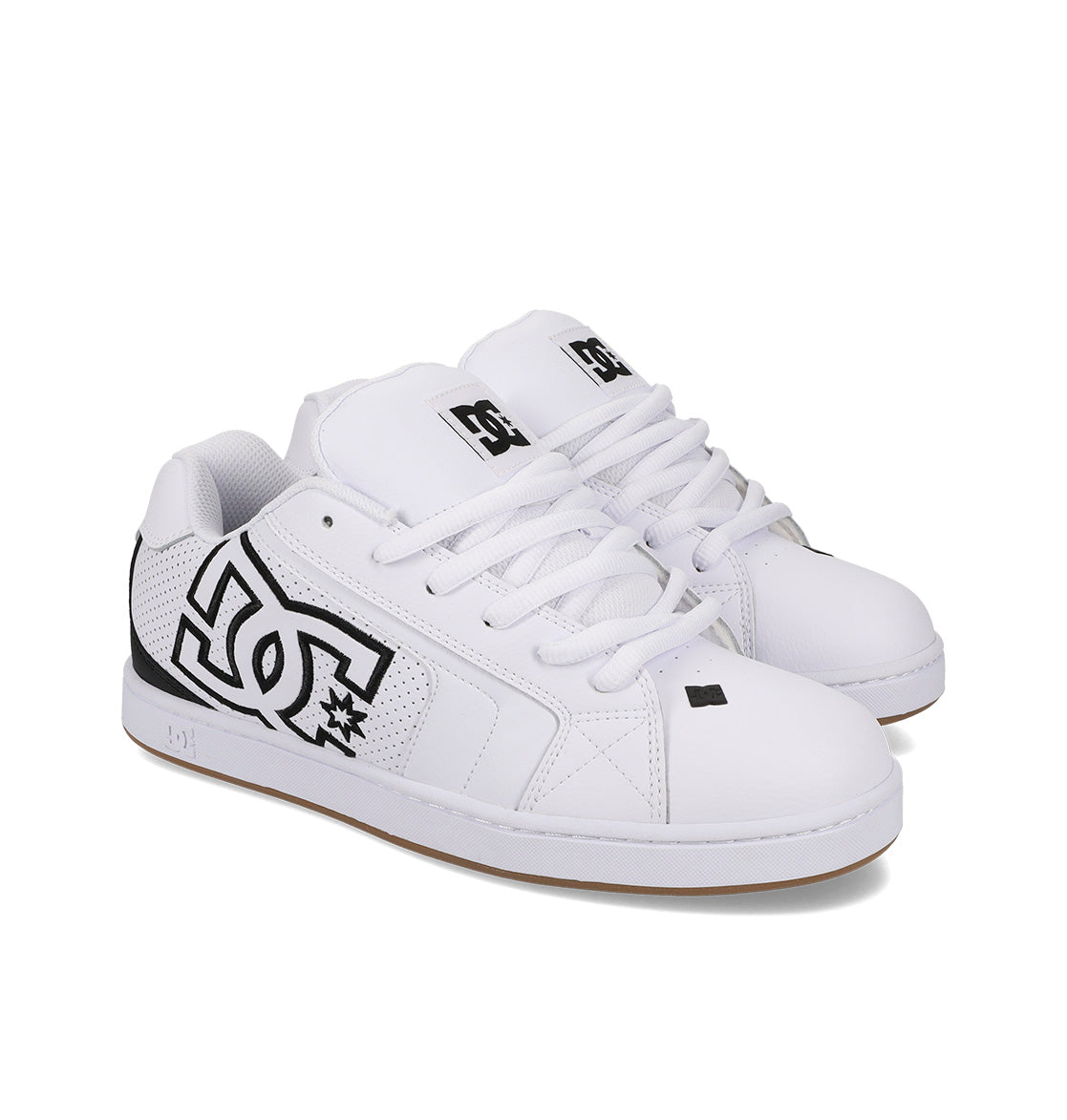 Shown on a white background, the Men's Net Shoes by DC Shoes are white sneakers with black detailing, made from durable materials and featuring a prominent DC logo on the side.