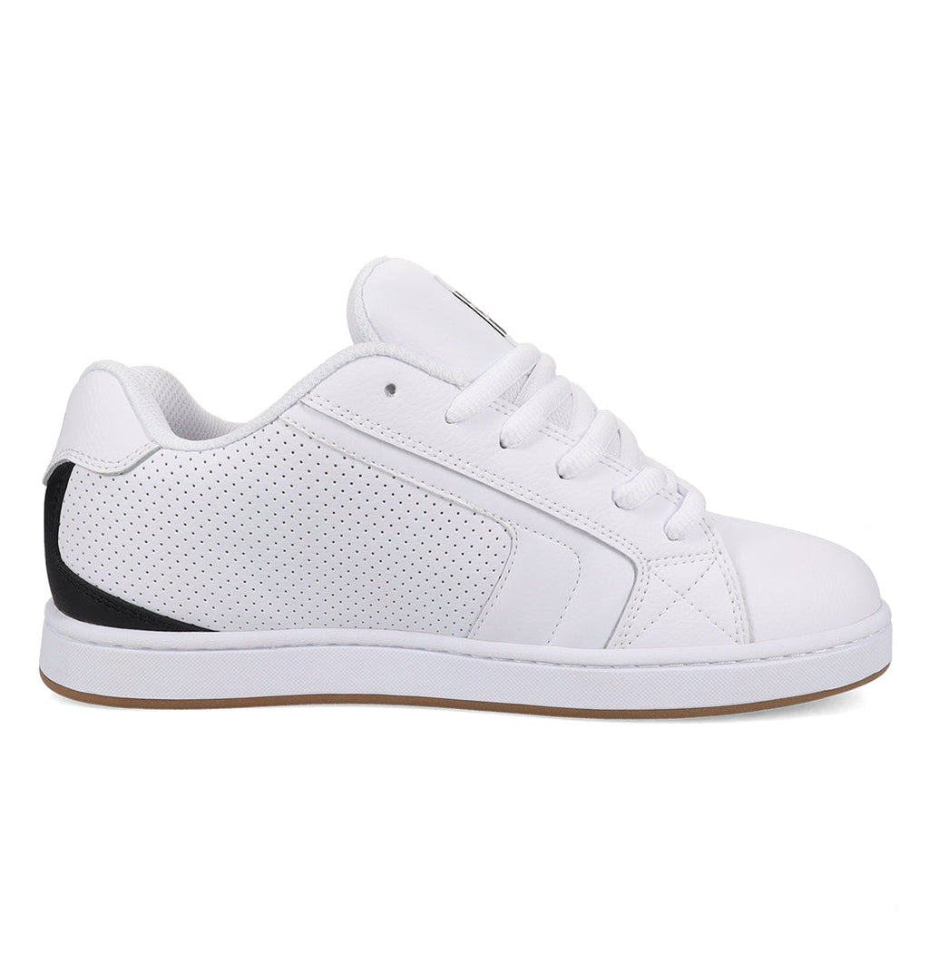 The DC Shoes Men's Net Shoes are white low-top sneakers with white laces, a perforated side panel, subtle stitching, a black heel accent, and a durable light brown sole for all-day comfort. Shown from the side on a plain background.