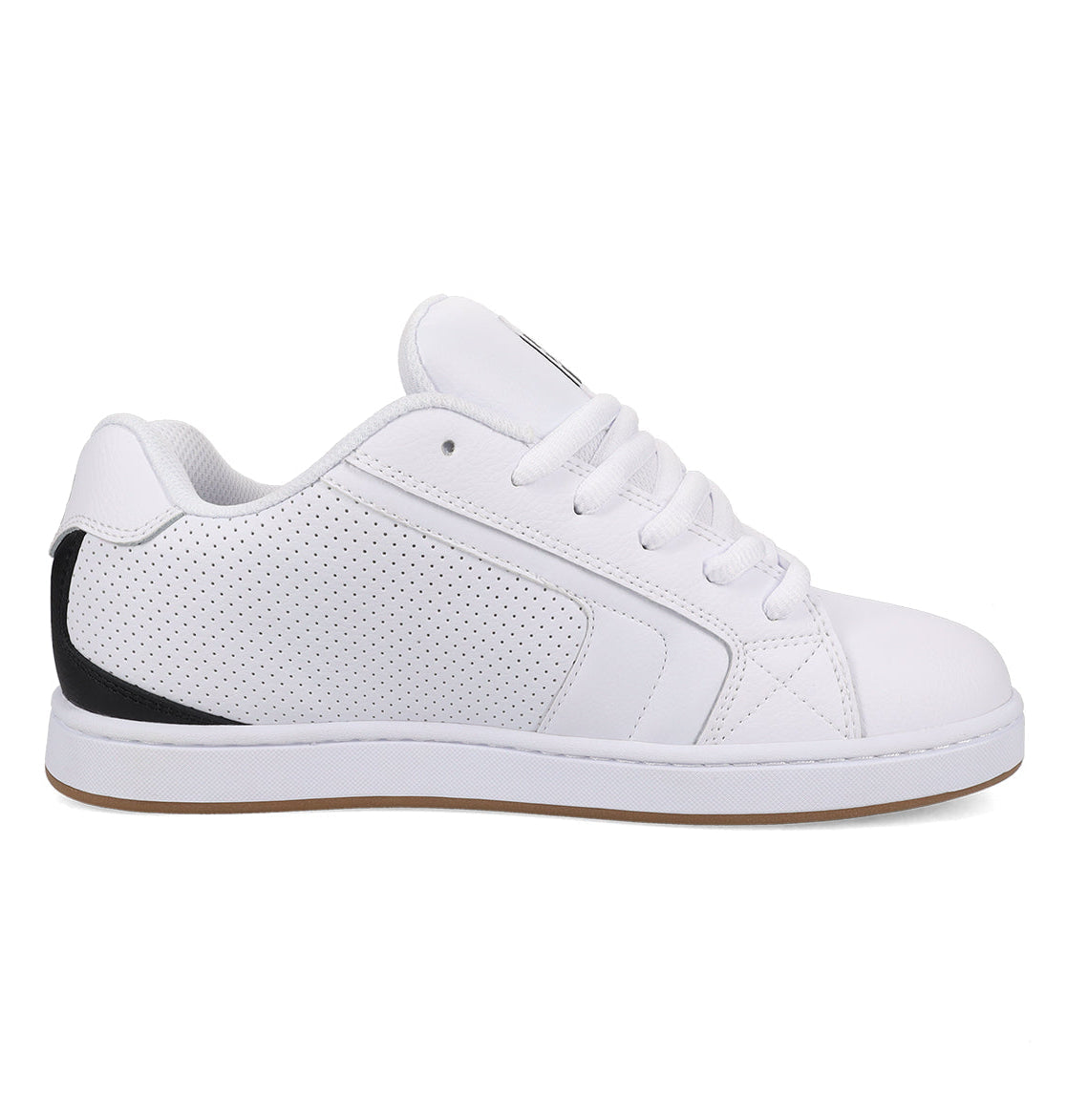 The DC Shoes Men's Net Shoes are white low-top sneakers with white laces, a perforated side panel, subtle stitching, a black heel accent, and a durable light brown sole for all-day comfort. Shown from the side on a plain background.