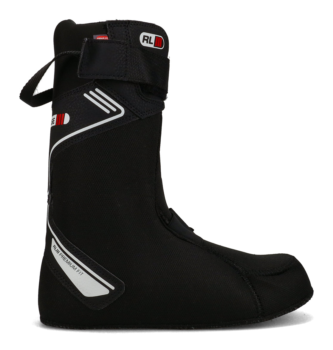 A side view of the DC Shoes Men’s Phantom Snowboard Boot liner in black, featuring a top Velcro strap, white and red accents, and a back pull loop—ideal for boosting comfort and support in your snowboard boots, displayed against a white background.