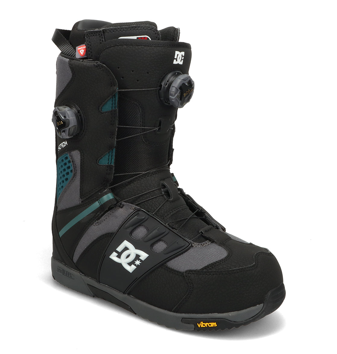 Men’s Phantom Snowboard Boots by DC Shoes in black and gray, featuring dual Boa dials, a Vibram sole, teal accents, and mesh design details. Shown angled slightly to the right on a white background, these performance snowboard boots are built for any winter adventure.