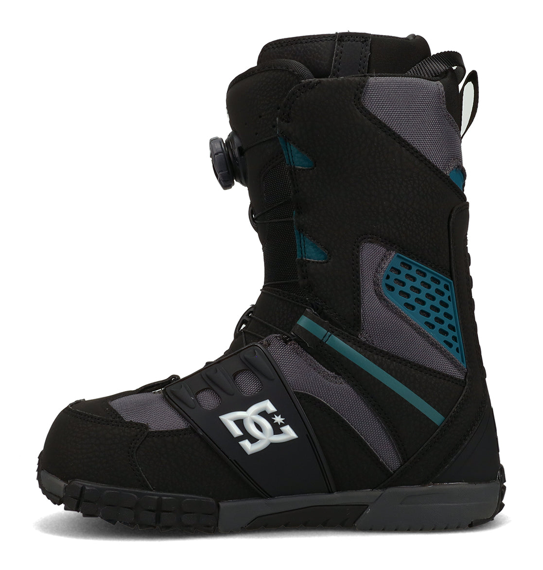 The DC Shoes Men’s Phantom Snowboard Boots are black and gray with teal accents, featuring a BOA dial lacing system and the DC Shoes logo on the side. Shown from a side view against a white background, these performance snowboard boots are designed for your next winter adventure.