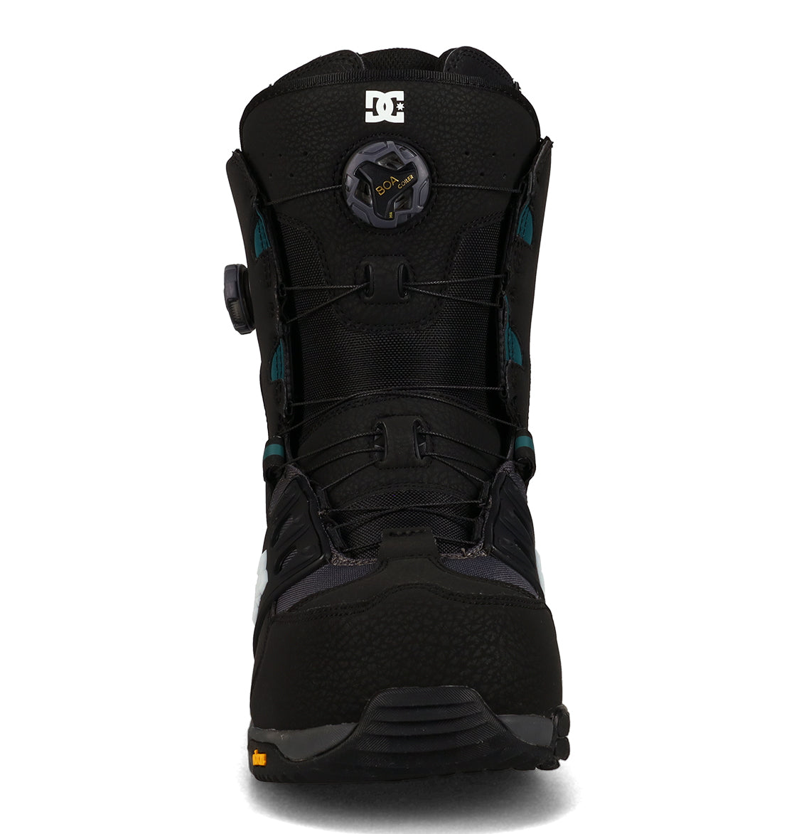 Front view of the DC Shoes Men’s Phantom Snowboard Boots in black, featuring a round BOA lacing system, teal accents, and the DC logo at the top. This boot has a textured toe and a rugged sole for traction, making it an ideal choice for any winter adventure.