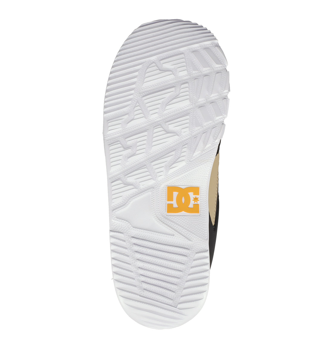 The Men’s Phase Boa Snowboard Boots by DC Shoes feature a white sole with a textured grip pattern and an orange DC Shoes logo in the center. Drawing inspiration from performance snowboard boots, the edges and treads showcase diagonal lines and geometric shapes for superior traction.