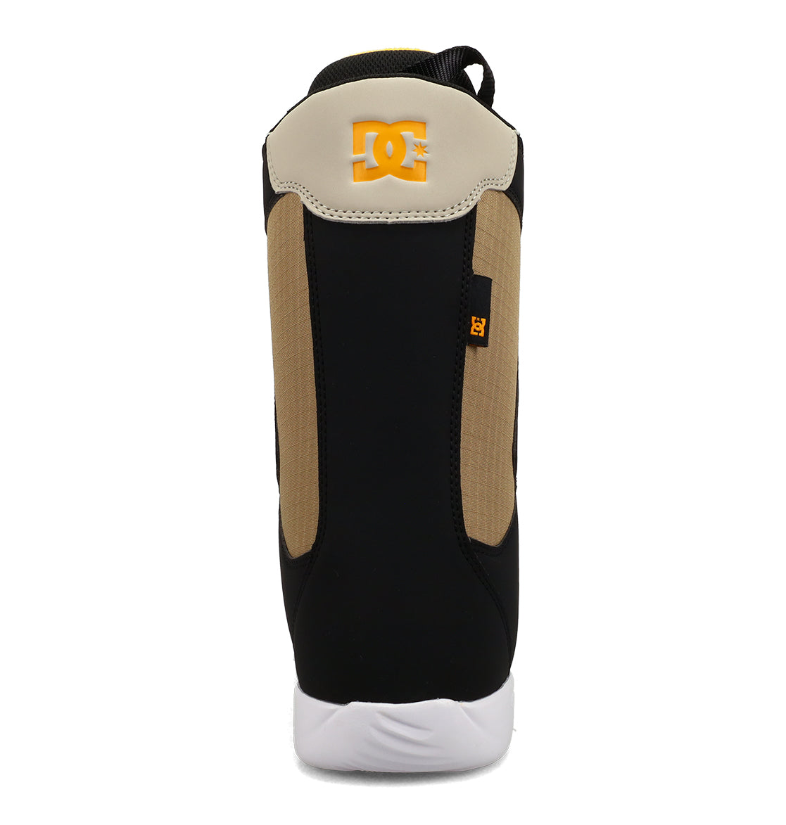 A rear view of the DC Shoes Men’s Phase Boa Snowboard Boots showcases a tan, black, and white color scheme. The orange DC logo appears on the heel, while the white sole highlights a stylish design reminiscent of performance snowboard boots.