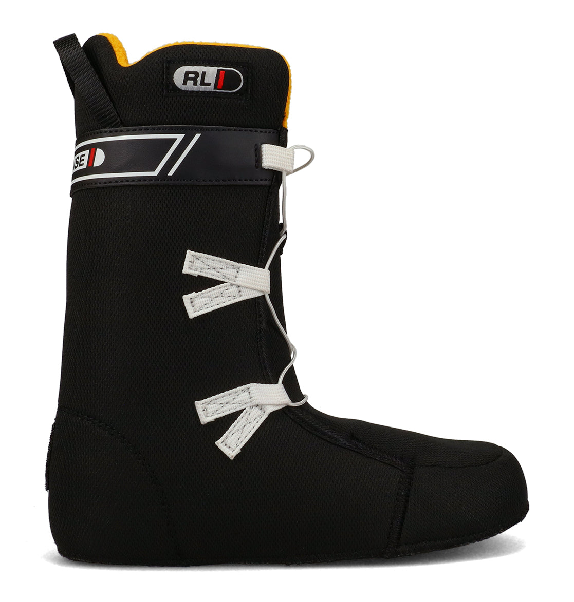 A side-profile image showcases the Men’s Phase Boa Snowboard Boots by DC Shoes, featuring a black performance liner with white laces, yellow interior accents, and a black strap displaying the RL logo near the top. Displayed against a white background, this boot highlights the comfort and support typical of high-end men’s snowboard boots.
