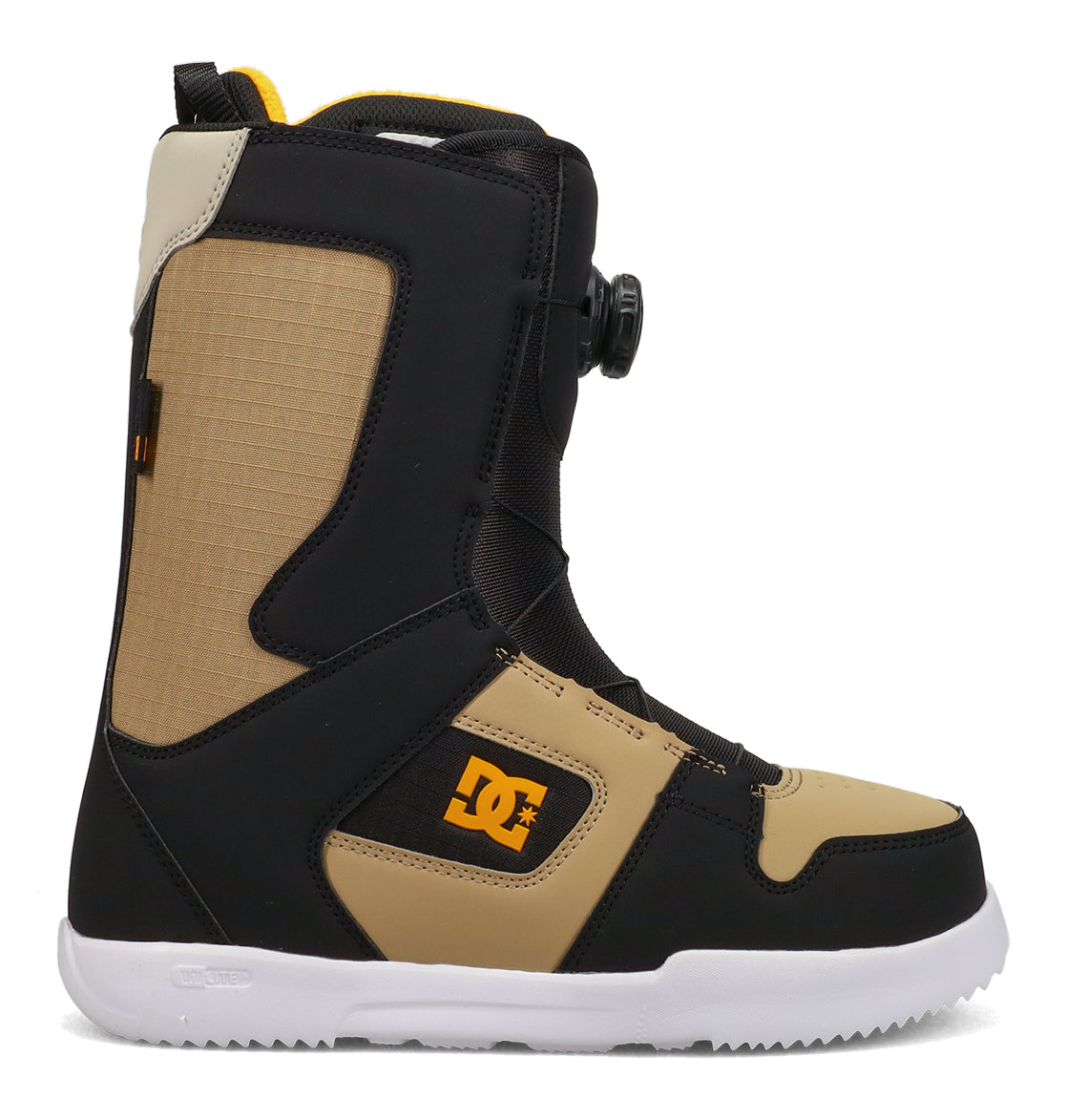 The DC Shoes Men’s Phase Boa Snowboard Boots are tan and black with a white sole, feature the DC side logo, and come equipped with a convenient Boa twist dial closure for easy adjustment. These performance snowboard boots are displayed from the side against a white background.