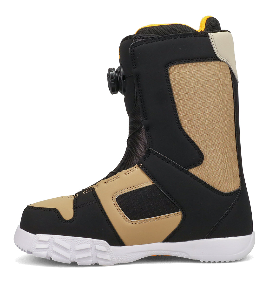 Shown in profile against a white background, the DC Shoes Men’s Phase Boa Snowboard Boots feature a tan and black design with a white sole and a black BOA dial on the side. Engineered for superior comfort and control, these performance boots offer the ease and convenience of the Boa system.