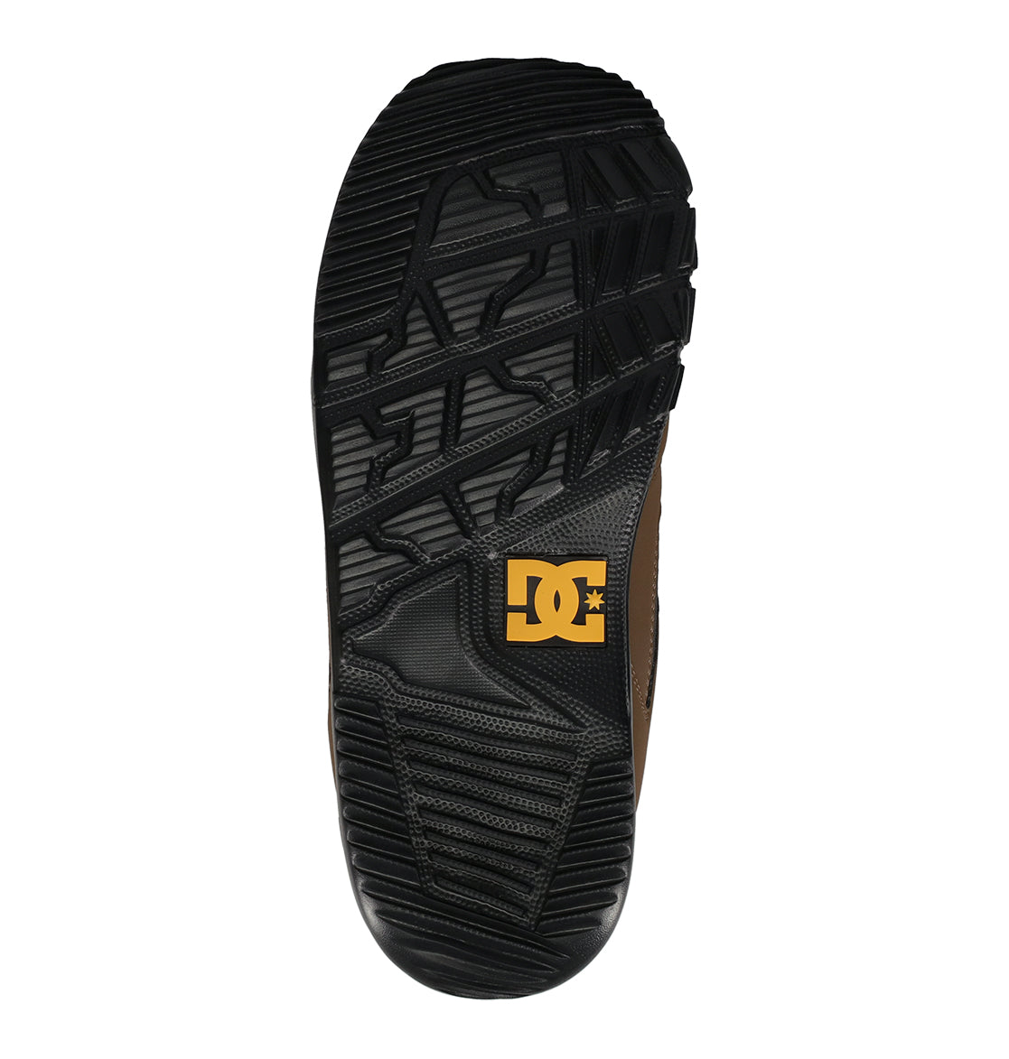 The image shows the black rubber sole of a Men’s Phase Boa Snowboard Boot by DC Shoes, featuring textured patterns and a yellow DC logo near the heel, emphasizing the durable design and all-day comfort these boots provide.