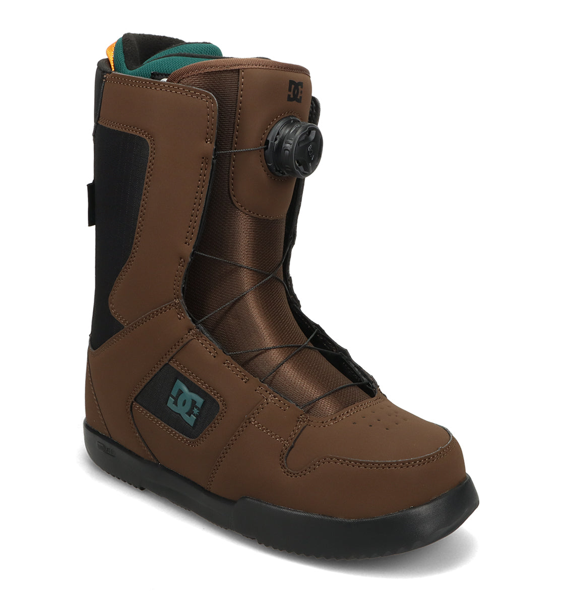 Introducing the Men’s Phase Boa Snowboard Boots by DC Shoes, featuring a brown design with black accents, a round black Boa tightening dial for all-day comfort, visible front laces, a durable black sole, and the signature DC Shoes logo on the side.