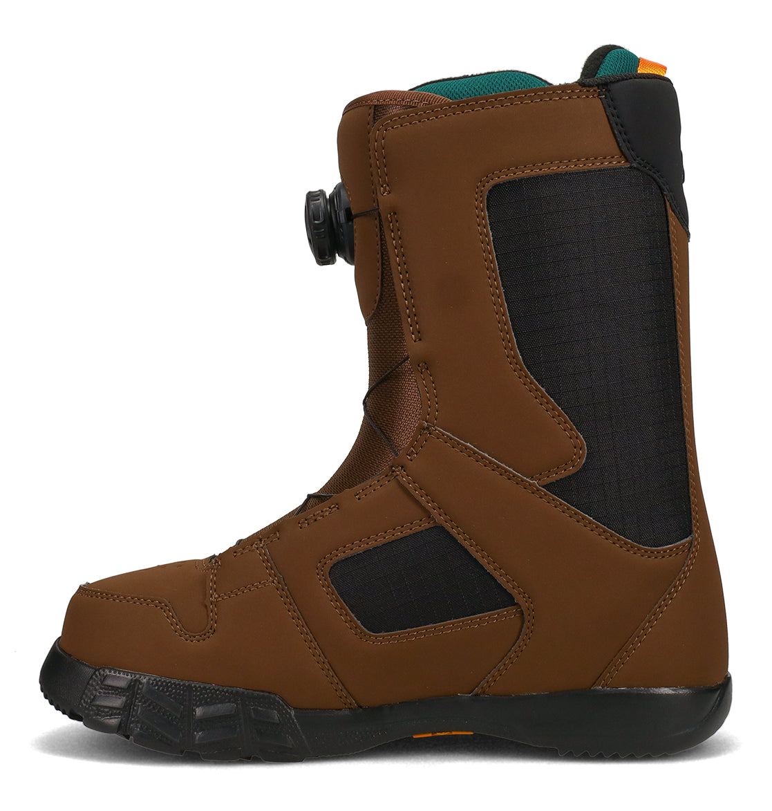 The DC Shoes Men’s Phase Boa Snowboard Boots feature a brown and black design, a textured rubber sole, and a side BOA lacing dial for a secure fit. Reinforced stitching enhances durability, while the boot’s sturdy build—viewed from the side—offers all-day comfort for winter sports.