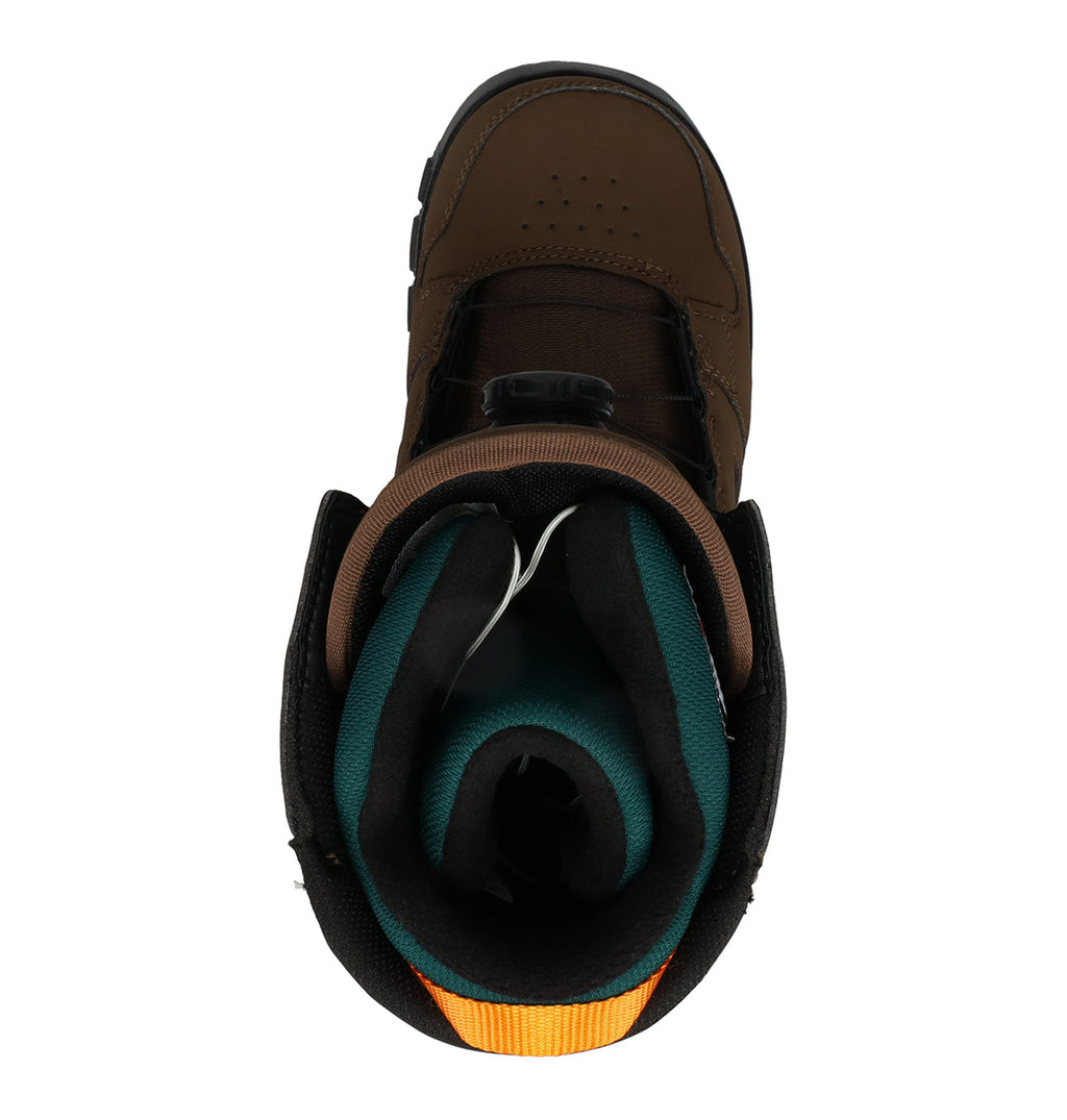 A top-down view of the DC Shoes Men’s Phase Boa Snowboard Boots in brown and black, featuring green lining and an orange heel accent—crafted for all-day comfort and inspired by the signature style and supportive fit of men’s snowboard boots.