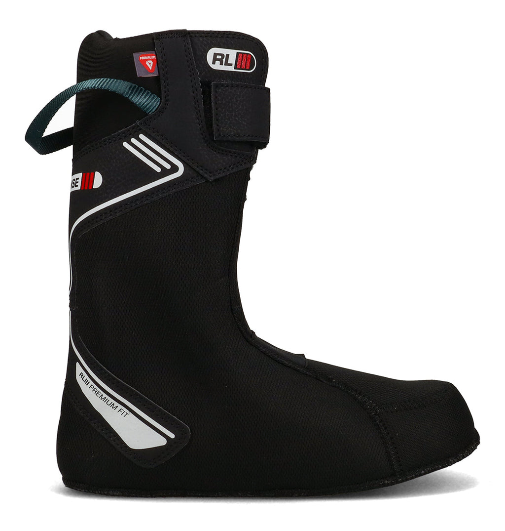 The DC Shoes Men’s Phase Boa Pro Snowboard Boots feature a black liner accented with white and red details, a teal pull loop, and a velcro strap at the top. Designed for compatibility with Boa Pro systems, this liner is shown from the side against a white background.