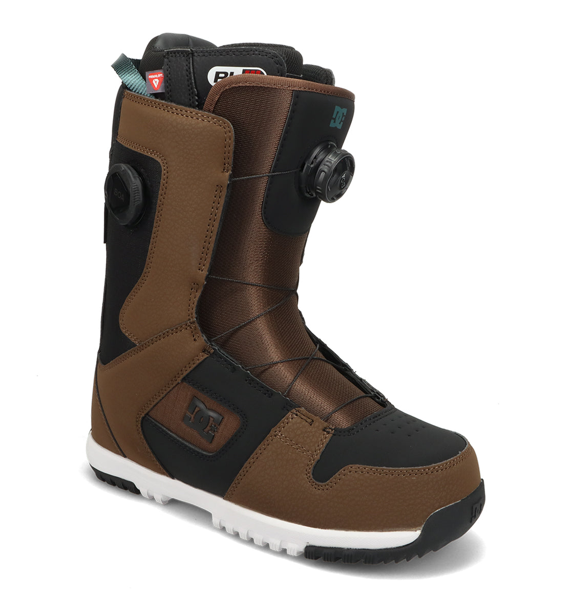 The DC Shoes Men’s Phase Boa Pro Snowboard Boots are brown and black with a white sole, featuring a Boa Pro dial tightening system and DC branding on the side.