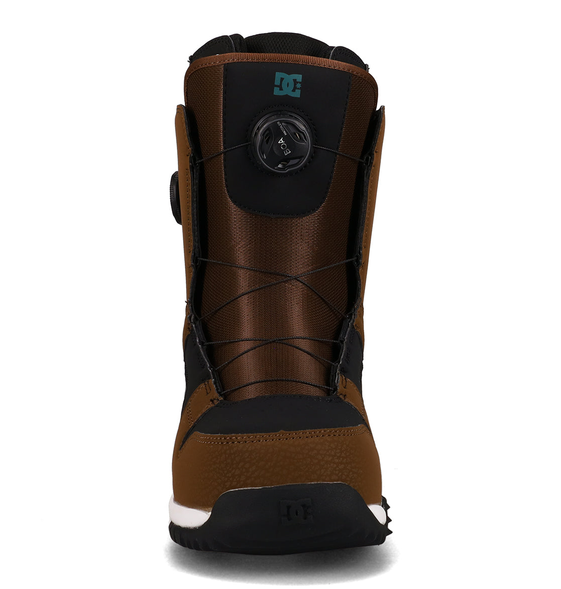 Front view of the DC Shoes Men’s Phase Boa Pro Snowboard Boot in brown and black, showcasing a Boa Pro round tightening dial on the tongue, black laces, and DC Shoes logos near the top and toe.