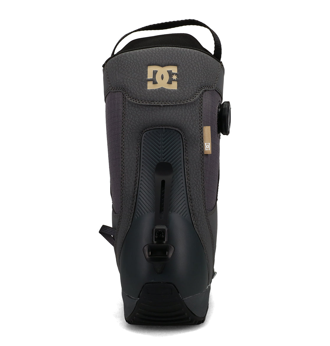 A rear view of the black and gray DC Shoes Men’s Phase Boa Pro Step On Snowboard Boots, highlighting a textured upper, pull loop, DC logo at the top, and Boa lacing adjustment dials and fastenings on the heel for secure support.