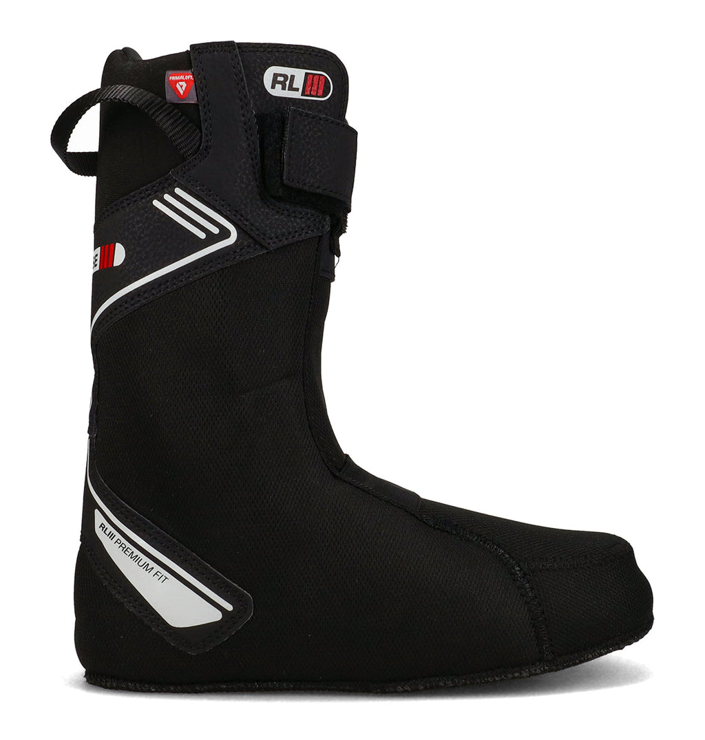 A black DC Shoes liner for the Men’s Phase Boa Pro Step On Snowboard Boots, featuring red, white, and silver accents, RL labeling, and full thermo fit. Designed with a rear pull tab and a smooth fabric-like outer surface, it integrates seamlessly with select men’s Step On systems.