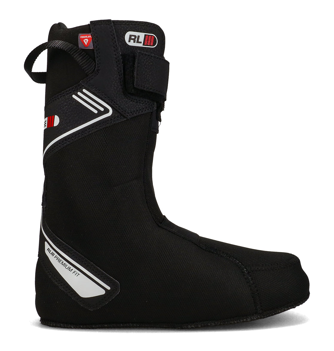 A black DC Shoes liner for the Men’s Phase Boa Pro Step On Snowboard Boots, featuring red, white, and silver accents, RL labeling, and full thermo fit. Designed with a rear pull tab and a smooth fabric-like outer surface, it integrates seamlessly with select men’s Step On systems.