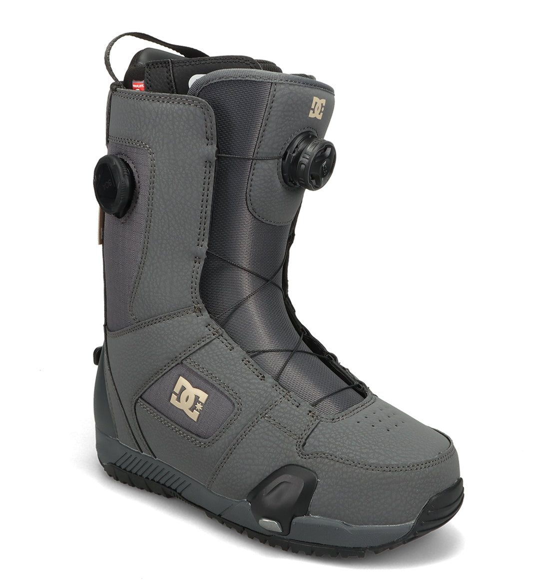 A single gray Men’s Phase Boa Pro Step On Snowboard Boot by DC Shoes, featuring a black sole, the DC logo on the side, and a convenient Boa lacing system on the tongue and side for easy adjustment.