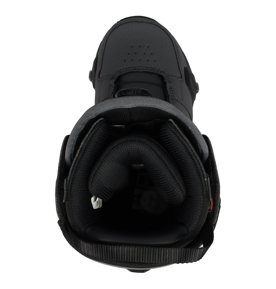 Top view of the DC Shoes Men’s Phase Boa Pro Step On Snowboard Boot in black, featuring a high-top design inspired by men’s snowboard boots. The boot showcases a padded collar, tongue, and inner lining for comfort, along with toe box perforations for breathability. It is equipped with a Boa lacing system for effortless adjustment and includes a pull tab at the back to enable convenient step on access.