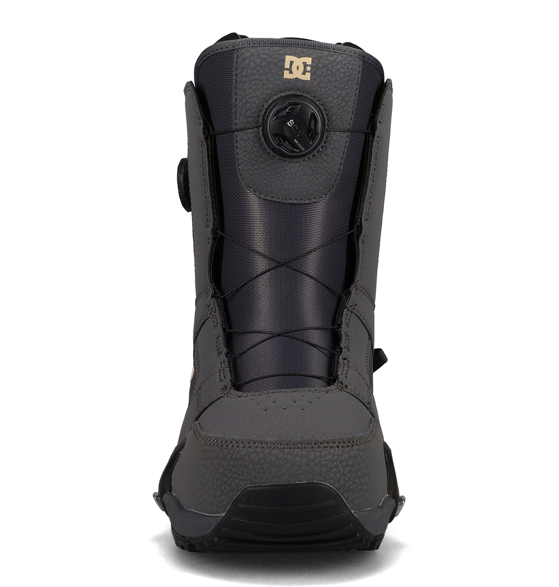 A front view of the DC Shoes Men’s Phase Boa Pro Step On Snowboard Boots in black and gray, featuring a Boa lacing system and textured material on the toe and sides, designed for compatibility with Step On bindings.