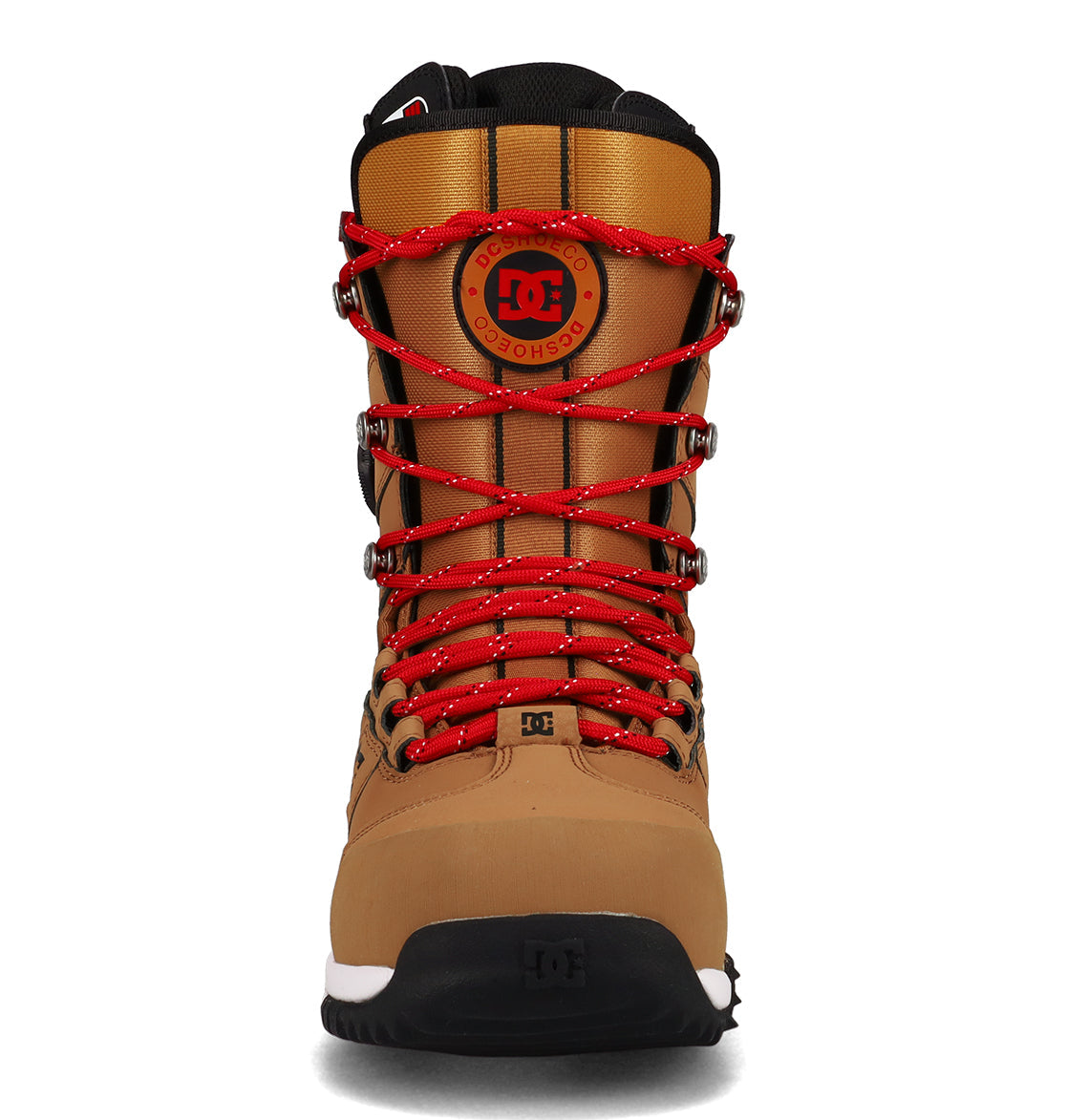 A front-facing view of the DC Shoes Men’s Premier Hybrid Snowboard Boots in tan and brown, featuring striking red laces, a black sole, and a round DC Shoes logo on the tongue—all set against a white background. Ideal for those looking for high-performance snowboarding boots that combine style and comfort.