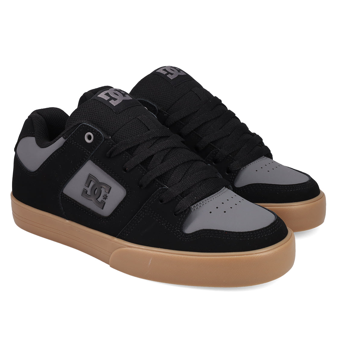 DC Shoes Men's Pure Shoes feature black and gray uppers, black laces, a gray side logo, and light brown rubber soles. These comfortable sneakers are displayed on a white background.