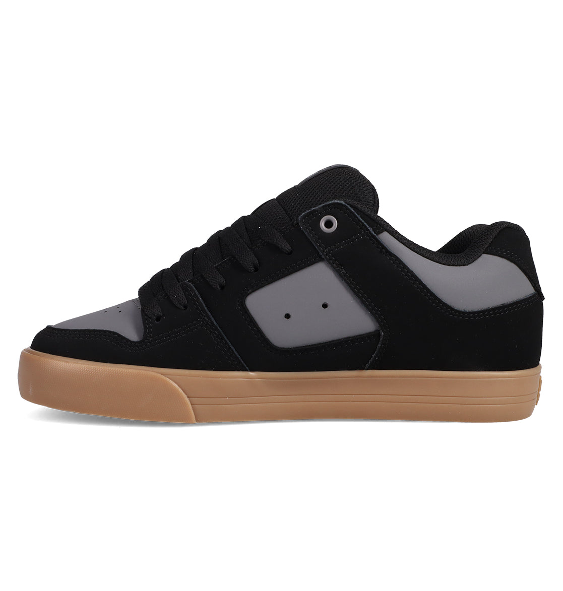 The DC Shoes Men's Pure Shoes feature a black and gray low-top design with a gum-colored rubber sole, displayed in side profile on a white background. These sneakers combine comfort and style for any occasion.