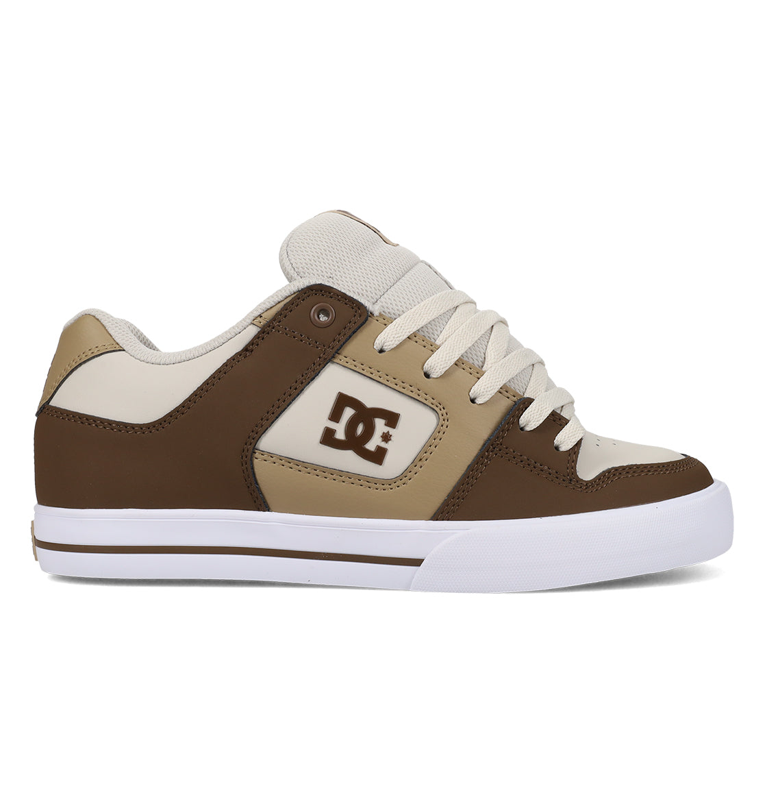 The Men’s Pure Shoes by DC Shoes feature a brown and beige upper with a white sole, beige laces, and the signature DC logo on the side. Photographed from the side against a white background, these versatile skate shoes showcase classic DC style.