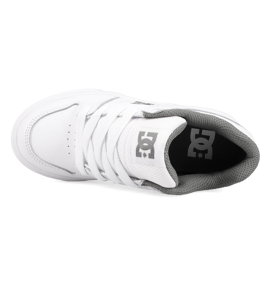 The Kids’ Pure Shoes by DC Shoes are white skate sneakers with a gray inner lining, shown from an overhead perspective. The gray DC Shoes logo appears on the tongue and insole. Designed for kids, these shoes feature white laces, a padded collar for comfort, and durable construction for long-lasting wear.