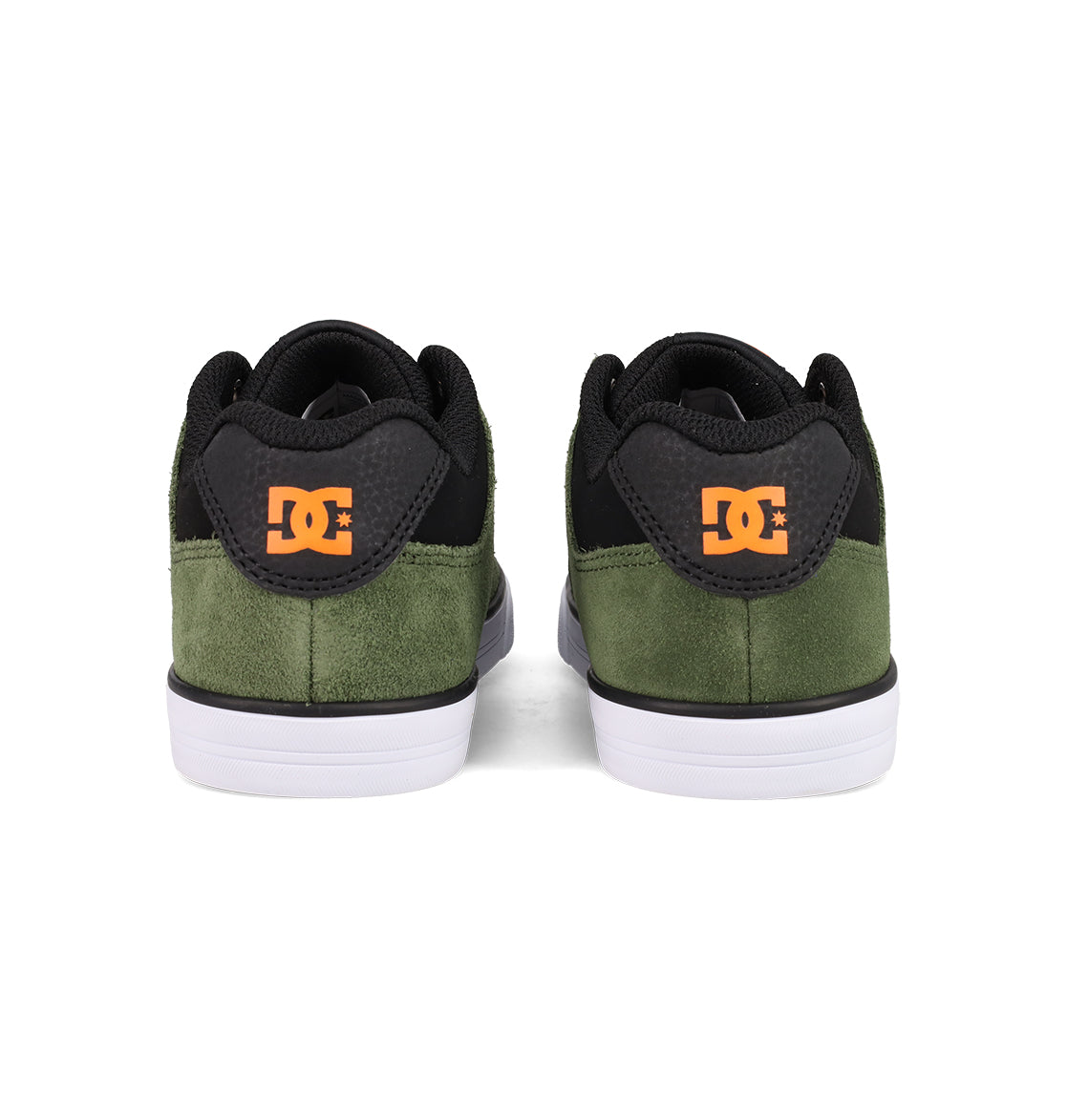 A pair of DC Shoes Kids' Pure Shoes seen from the back, with green suede uppers, black accents, white soles, and orange DC logos on each heel—stylish and comfortable footwear for kids.