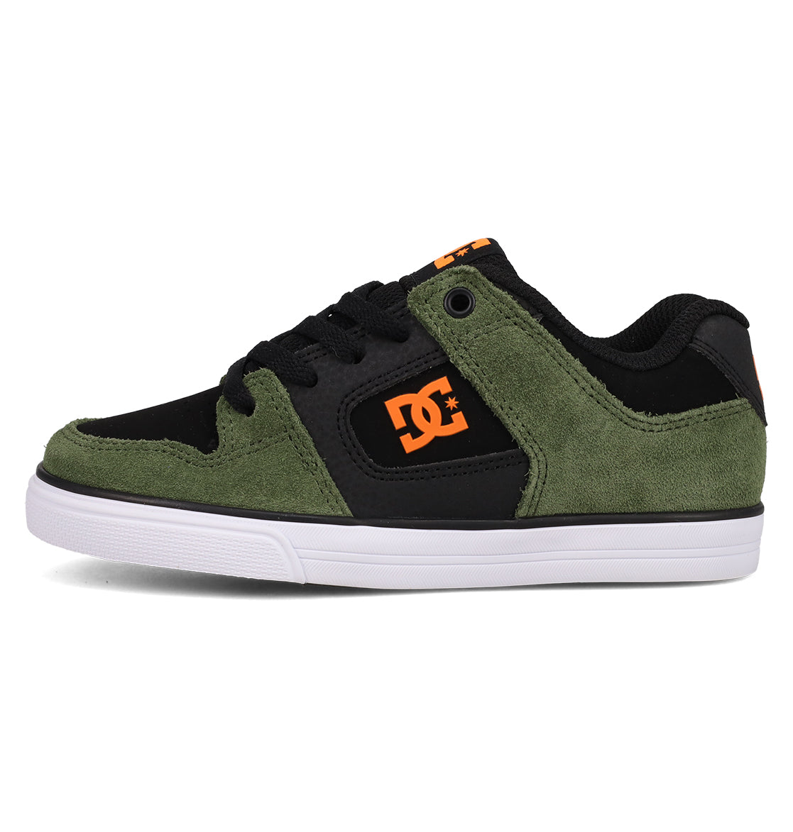 The Kids' Pure Shoes by DC Shoes feature a black and green design, white sole, orange DC logo, black laces, and green suede accents—perfect for everyday style and comfort.