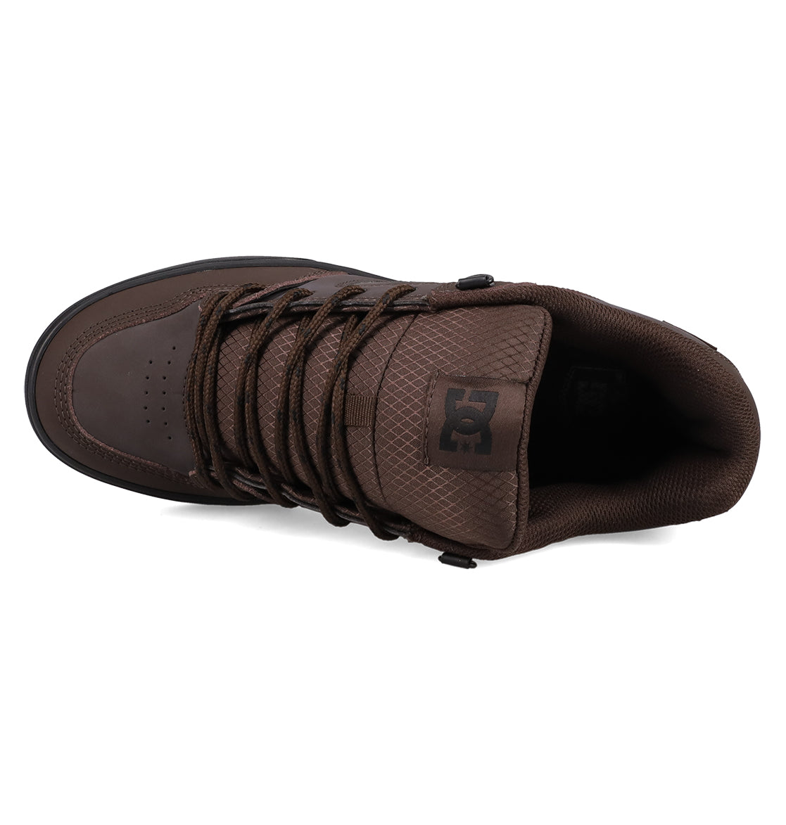 Top view of a brown DC Shoes Men's Pure Shoe with laces, textured upper, and DC logo on the tongue—ideal for those after comfort and versatile style.
