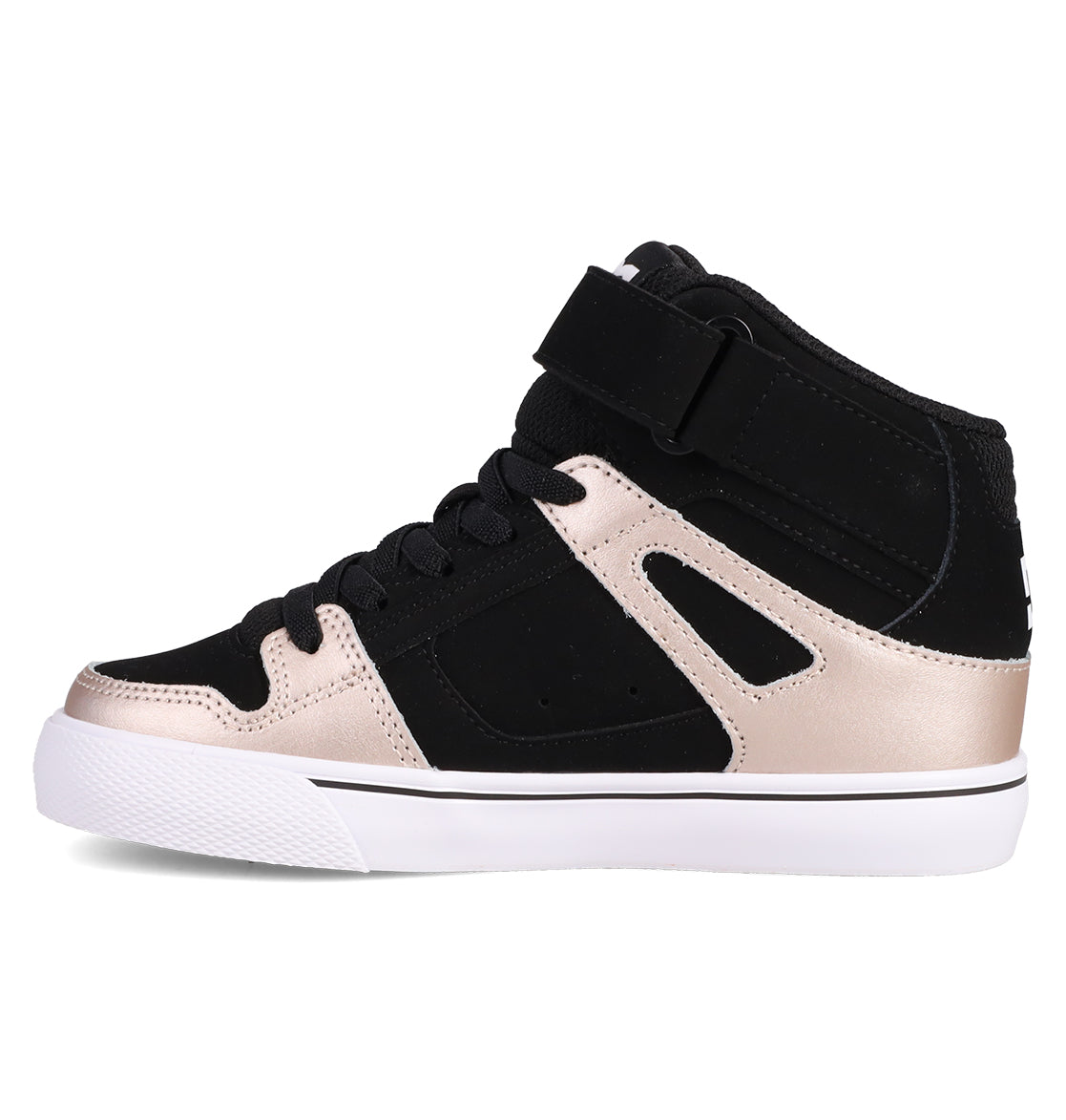 The Kids' Pure Hi Top EV Shoes by DC Shoes feature a black upper, metallic gold accents, black laces and strap, along with a white midsole, textured white toe, and vulcanized outsole for a sporty look inspired by classic skate shoes.