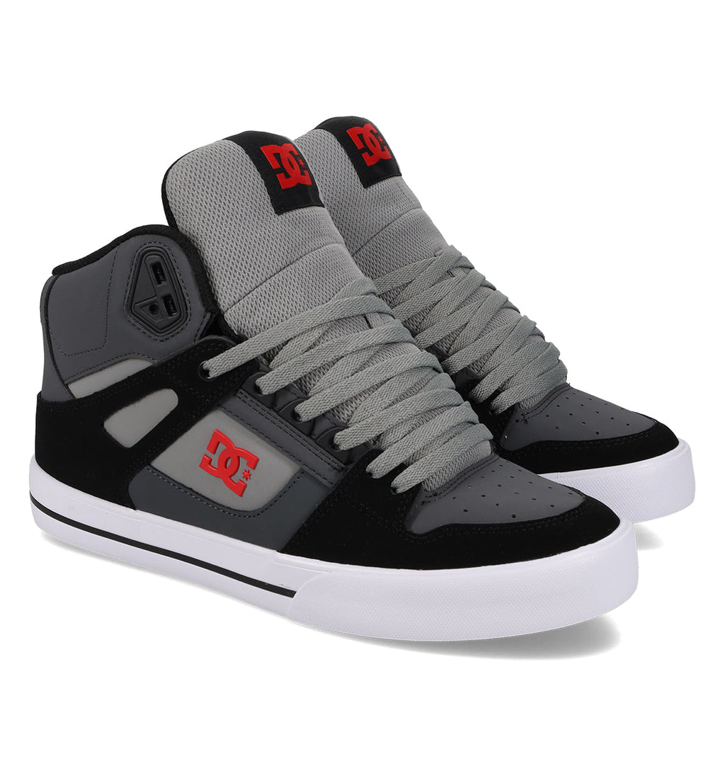 Introducing the DC Shoes Men’s Pure High Shoes—a pair of high-top skate shoes in black, gray, and white featuring striking red DC logos, gray laces, and a crisp white sole. Displayed on a white background, these shoes combine comfort and versatility, making them an ideal choice for any casual outfit or skate session.