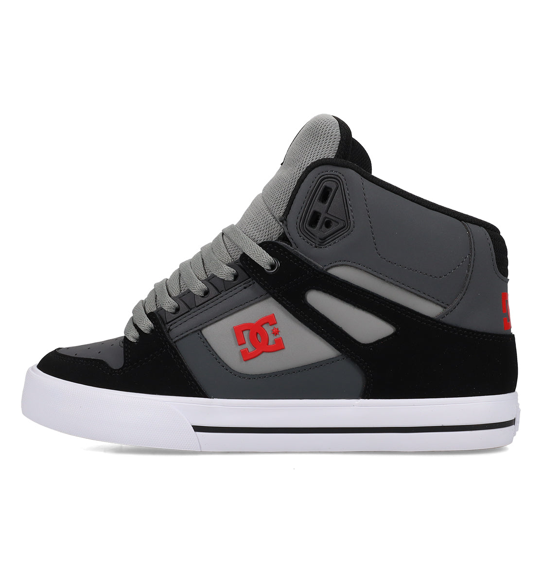 The DC Shoes Men’s Pure High Shoes are high-top sneakers in black, grey, and white, featuring a prominent red DC logo, white midsole, black outsole, and grey laces. Displayed in side profile on a white background, these men’s shoes combine versatile style with all-day comfort.