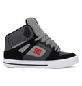 Introducing the Men’s Pure High Shoes from DC Shoes: a black, gray, and white high-top sneaker featuring a bold red DC logo on the side, gray laces, and a chunky white sole. Designed for both style and comfort, this versatile men’s shoe is pictured facing left against a plain white background.