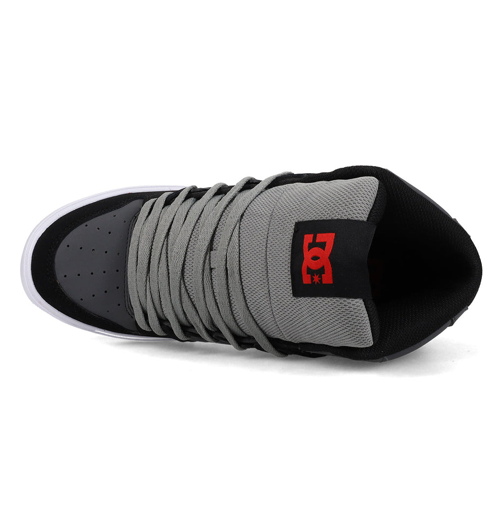 Top view of the DC Shoes Men’s Pure High Shoes in gray and black, featuring gray laces, a perforated toe box, and a red DC logo on the tongue—designed to offer men comfortable footwear with versatile style.