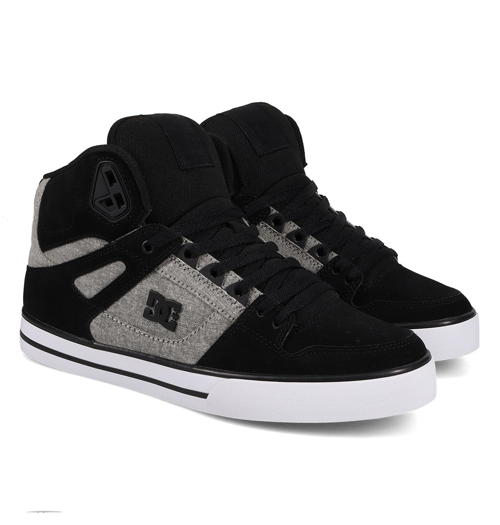 A pair of DC Shoes Men’s Pure High-Top Shoes in black and gray, featuring white soles, black laces, and the signature DC logo on the side. These comfortable and durable sneakers are displayed side by side, angled slightly to the right.
