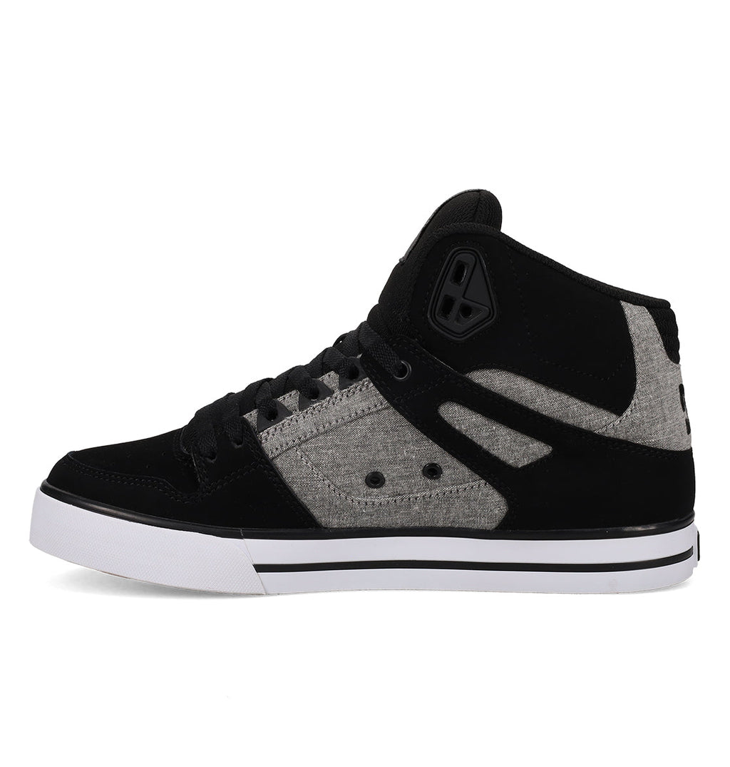 The Men’s Pure High-Top Shoes by DC Shoes are featured here in black and gray with white accents and a white sole, showcased from the side against a white background; these durable sneakers combine lasting comfort with bold style.