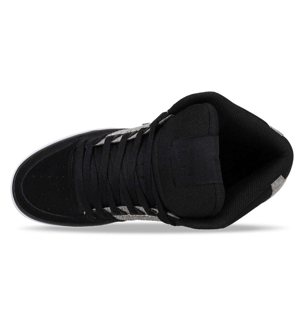 Top view of a Men’s Pure High-Top Shoe by DC Shoes in black, featuring black laces, a padded collar, and a dark tongue. Subtle white and grey accents along the sides add style and support. Designed for comfort, this shoe includes a black insole and inner lining to ensure all-day wearability.