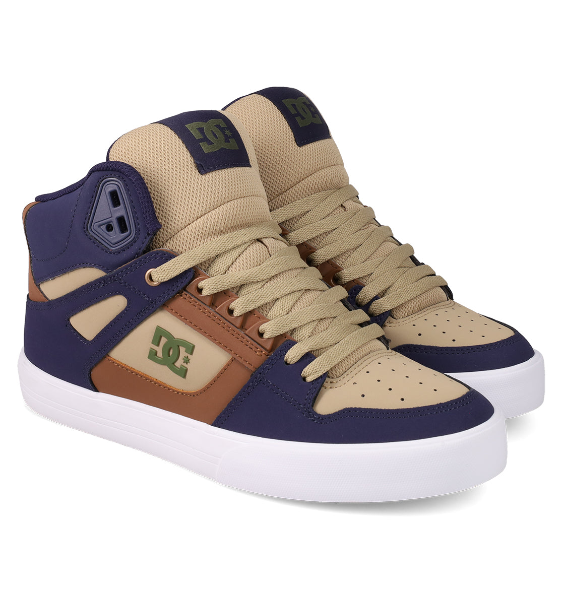 DC Shoes Men's Pure High Top WC Shoes in tan, brown, and dark blue feature beige laces, perforated toe caps, white rubber soles, and DC branding on the side and tongue.