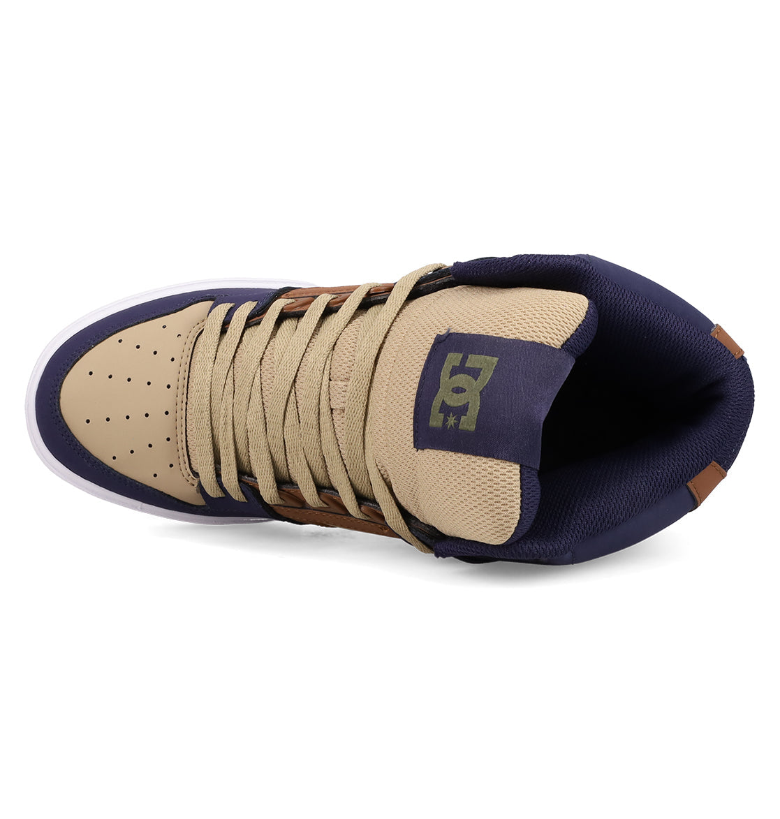 Top view of the Men's Pure High Top WC Shoes by DC Shoes, featuring beige and navy colors, tan laces, perforated toe box, padded ankle collar, and a vulcanized outsole for durable skate style.