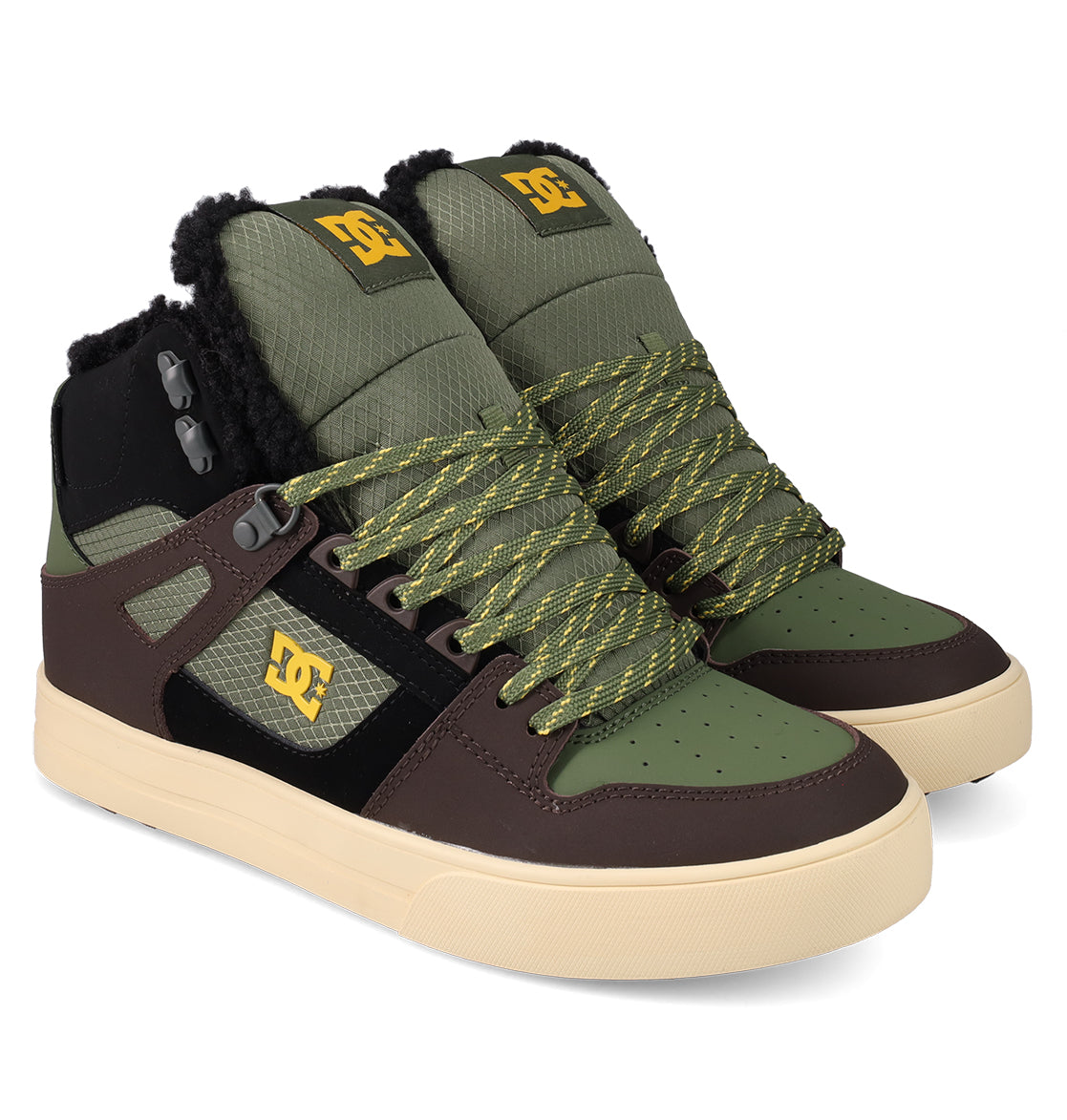 The DC Shoes Men's Pure High Top WC Shoes feature a vintage-inspired skate style in olive green, brown, and black with yellow accents, textured laces, fuzzy-lined padded collars, and beige rubber soles.